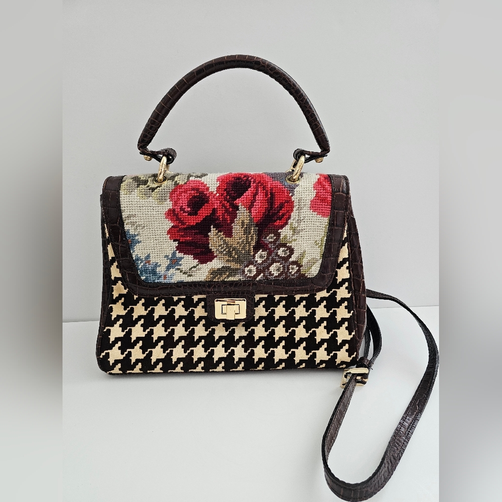 Clever Carriage Co. Artisan Floral Needlepoint & Houndstooth Satchel Leather